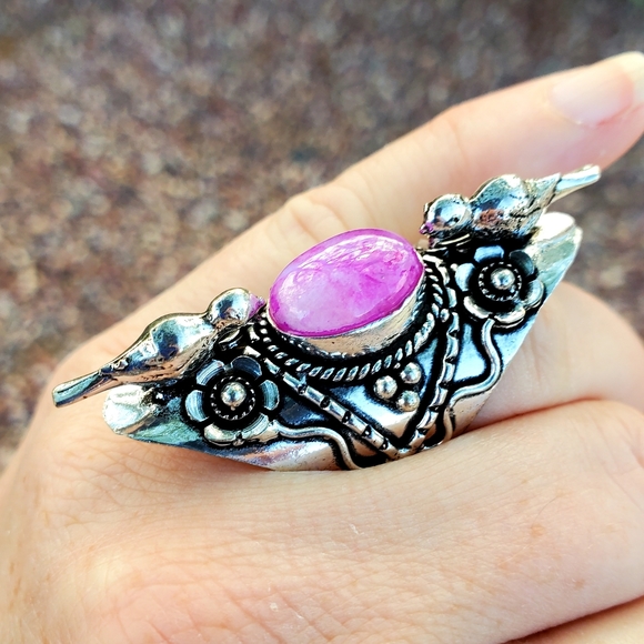 New Pink Rainbow Moonstone 925 Silver Birds Statement Ring. - Picture 7 of 16